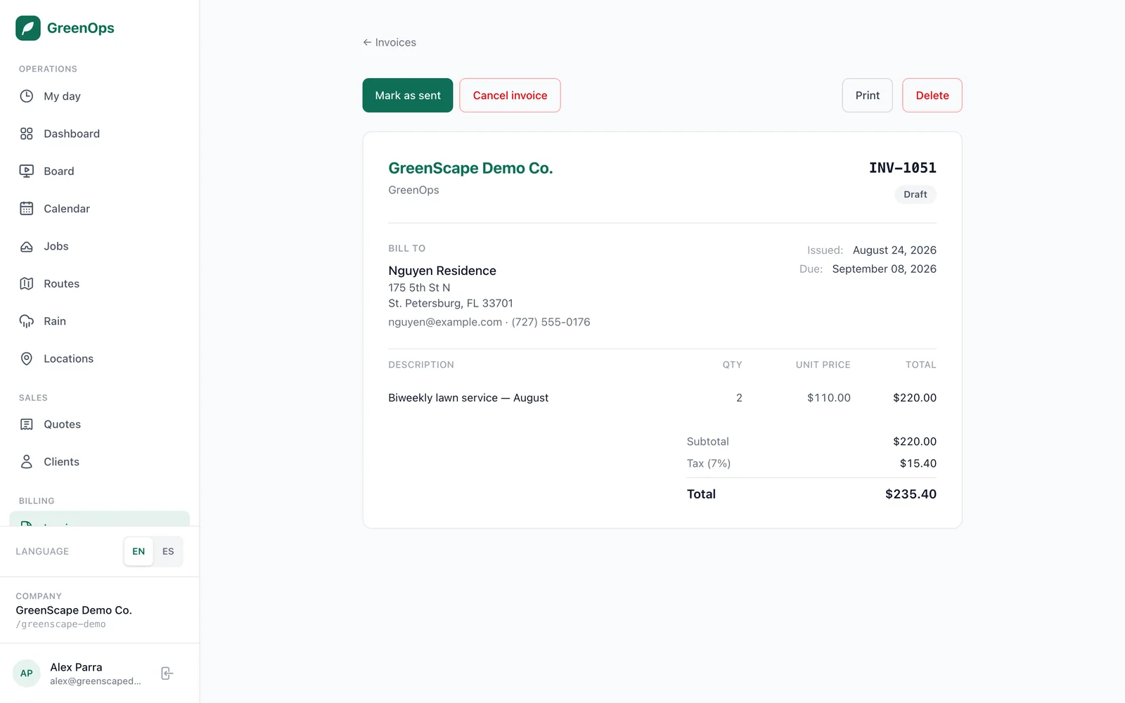 An invoice showing the client, line items, 7% tax and the total due.