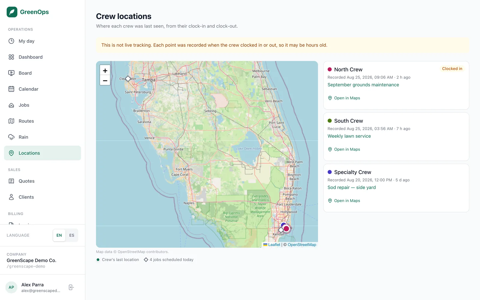 The GreenOps map showing where each crew was last seen and today's jobs.