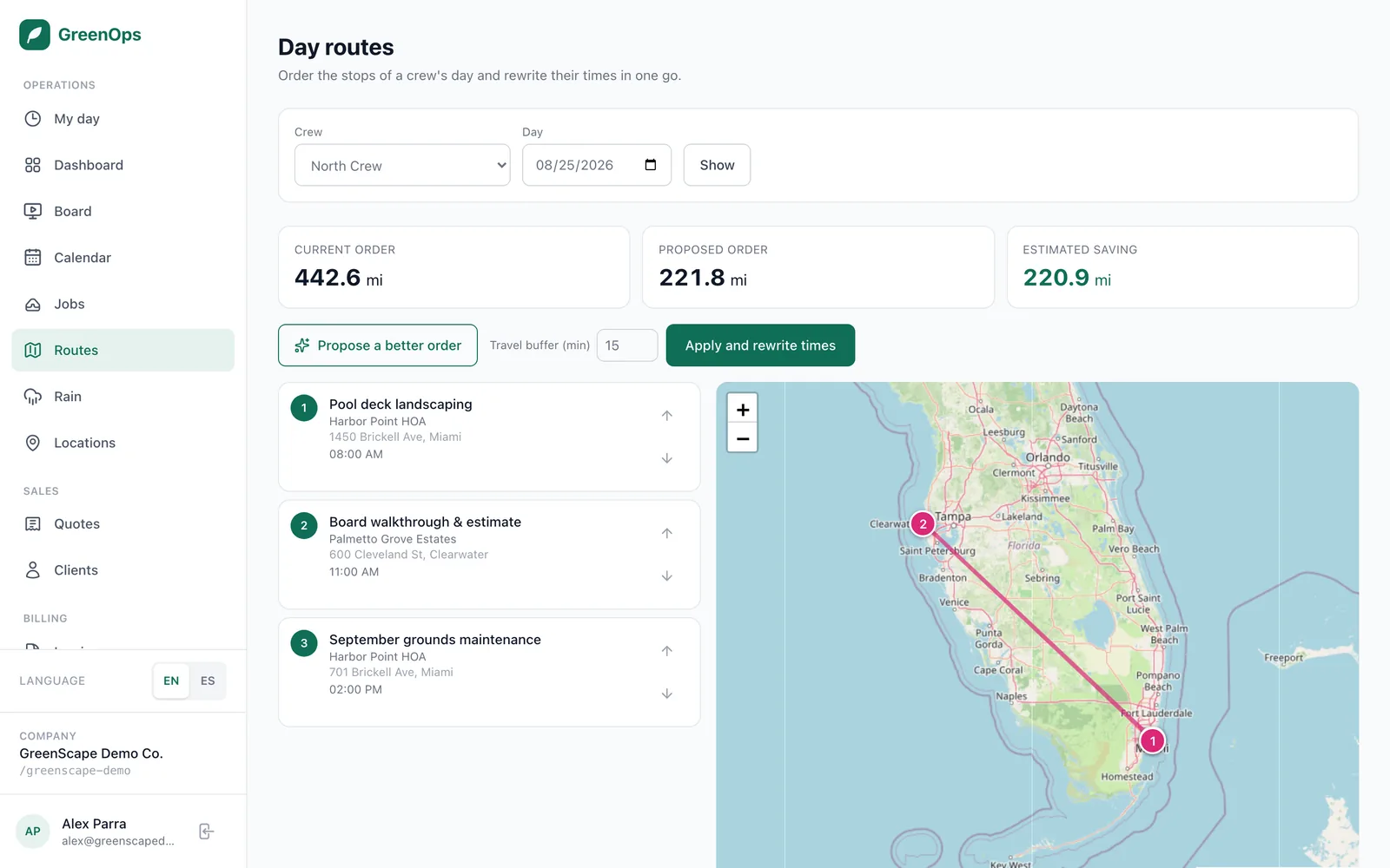 The GreenOps route planner with numbered stops on a map and the estimated saving.